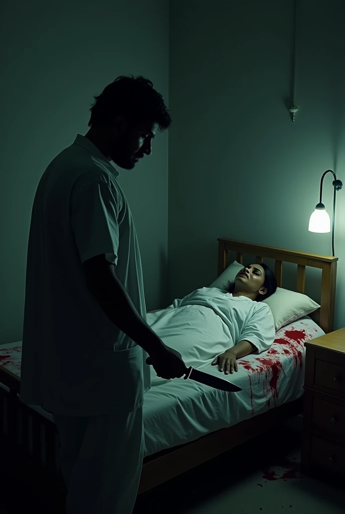 Indian man who kill lady doctor at the night in the room and dead body of lady doctor stained with blood in bed weapon in his hand
