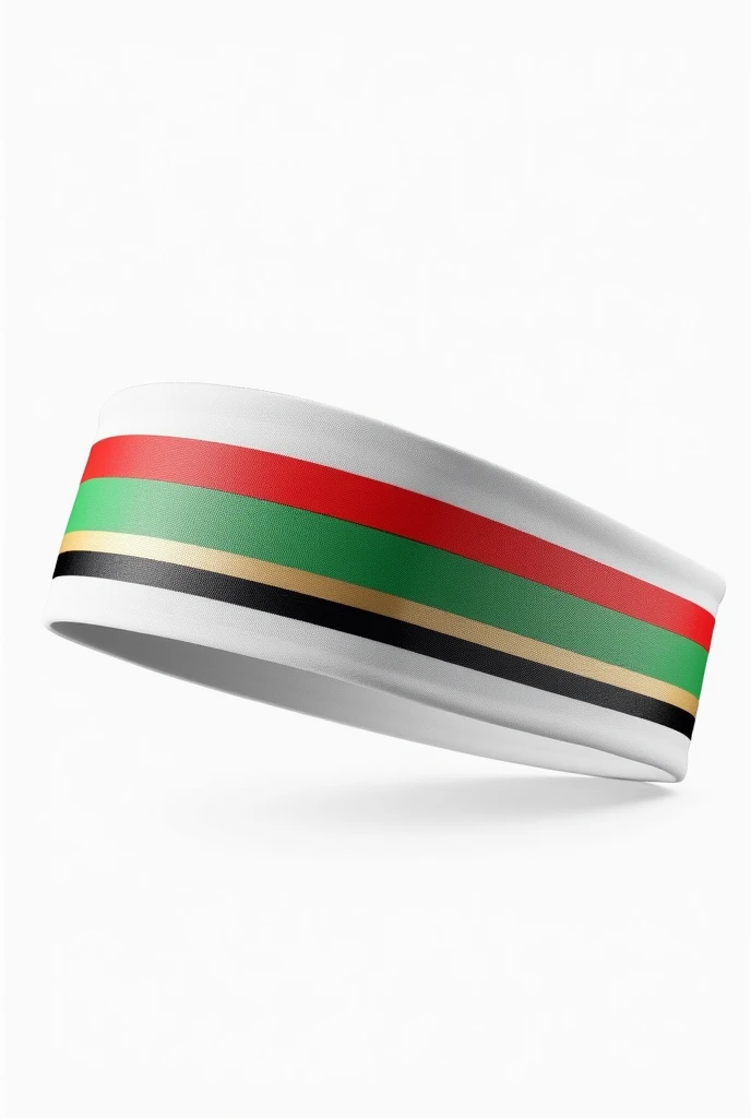 White sweat headband with lines red and green on top and lines black and gold below leaving the middle white and it should have a white background