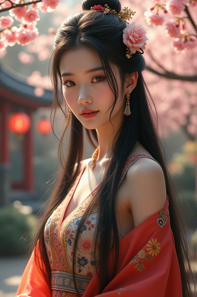 Long black hair, flower on head, necklace, beautiful woman, Chinese dress
