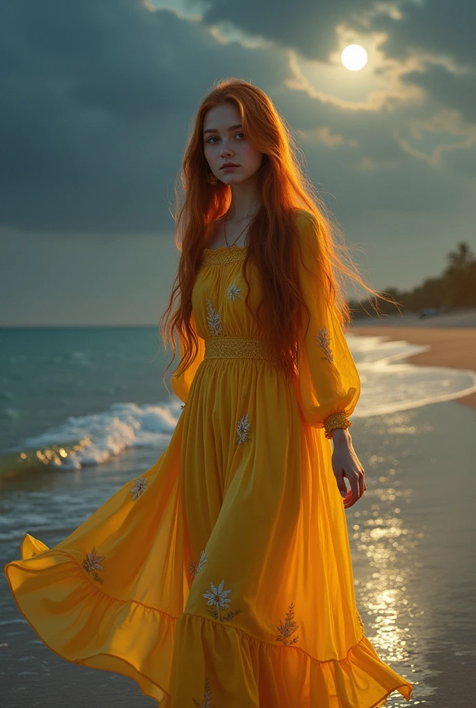 Portrait of a 17 year old Russian girl with long, straight red hair and wearing a long yellow Muslim dress,flower motif,was walking by the beach in the atmosphere of MLM and in the moonlight stars and smoky clouds with his face facing the camera