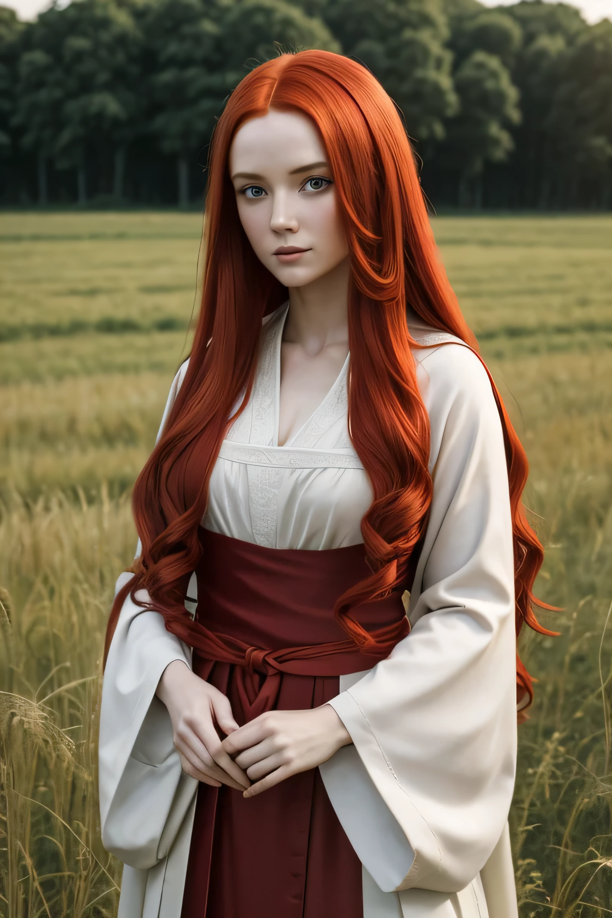 1 medival woman, long red hair, wearing a noble cloth robe, 25 years old, open field background, absurdres, high res, ultrasharp, 8K, masterpiece, the image should be of absurd resolution and high detail. It should be ultra-sharp and available in 8K resolution, representing a masterpiece in image quality.