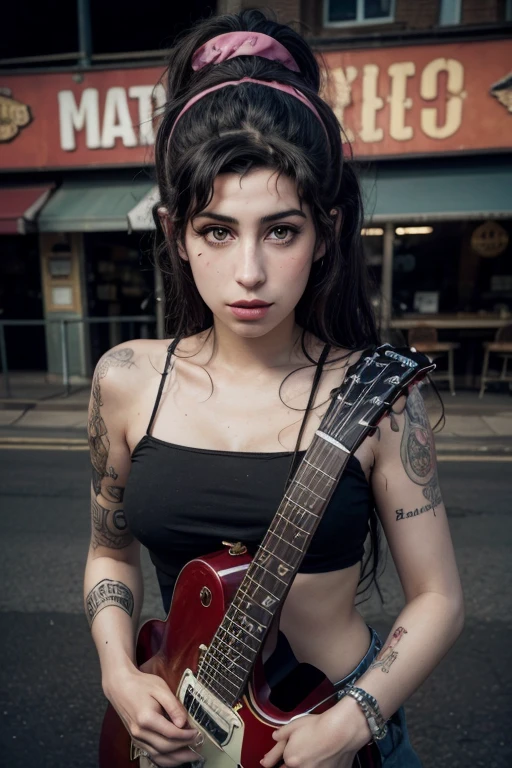 Surrealism painting, Amy Winehouse wearing roller skates, and guitar playing blues.looking straight at the camera , face in high definition HD, 8k, sign above the lips at the corner of the mouth