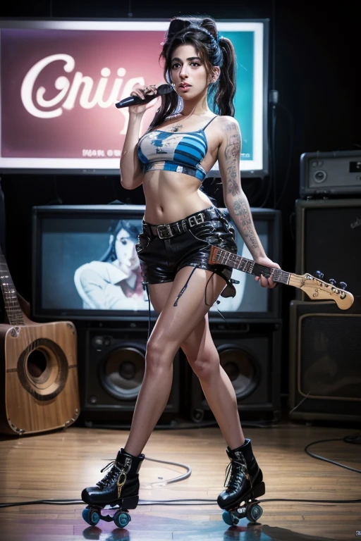 Surrealism painting, Amy Winehouse wearing roller skates, and guitar playing blues.looking straight at the camera , face in high definition HD, 8k, sign above the lips at the corner of the mouth