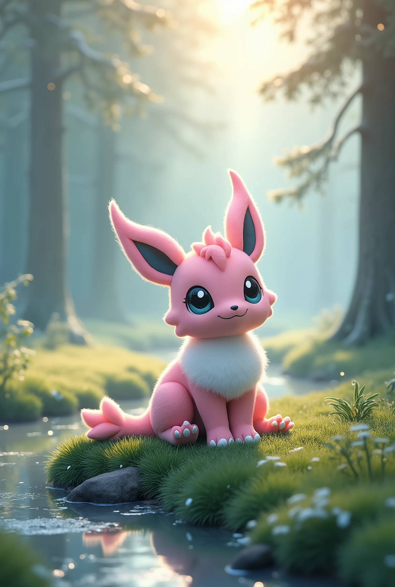 by Whooo-Ya, by Sskomu \(artist\), by Kakure Eria, (front view, sitting, smile:1.25), (solo furred dragon inspired on a Sylveon quivern:1.3), (fluffy, pink body, wings, pink eyes, round eyes, pink claws, submissive:1.25), BREAK, (forest, grassland, river, winter day, day, foggy, glowing:1.25), detailed background, depth of field, shadow, sunlight, ambient silhouette, backlighting