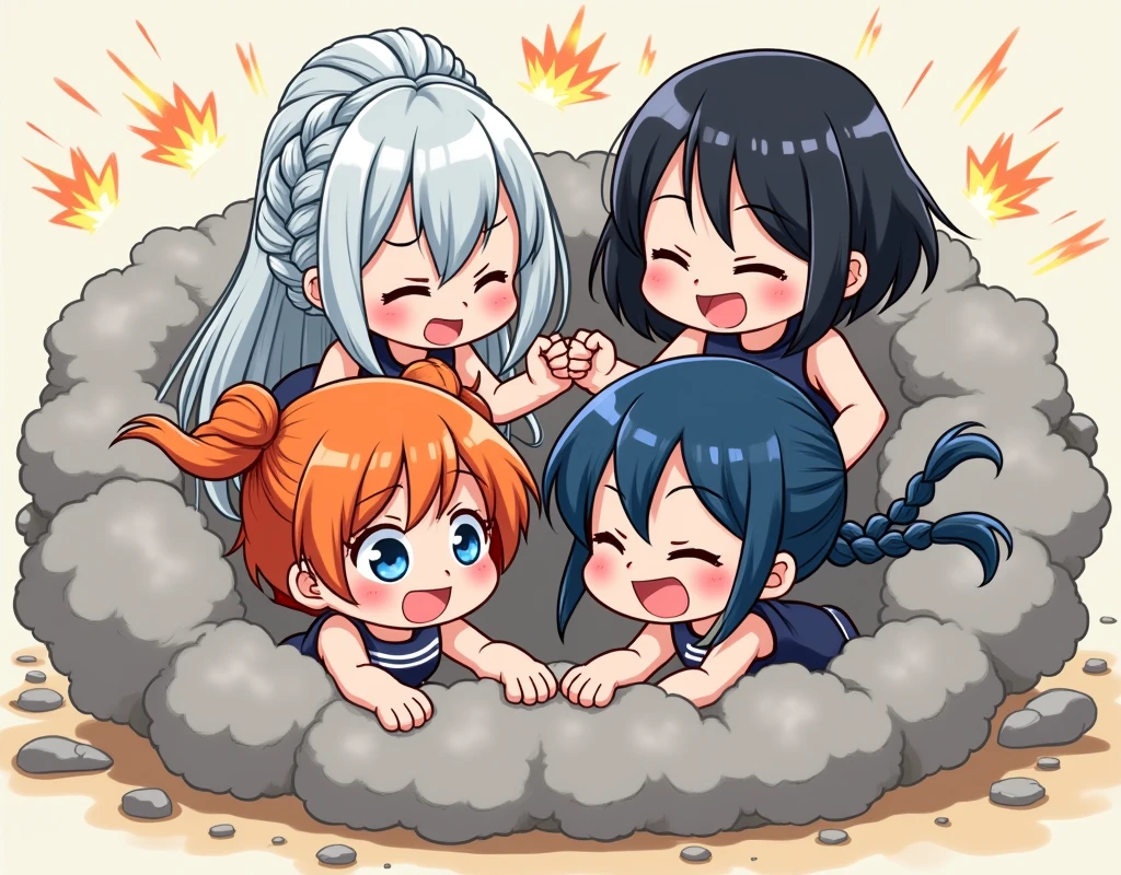 An anime-style illustration depicting four girls playfully wrestling with each other inside a gray comical fight cloud (dust cloud).
each girl has different  colored hair: one with silver hair braided,another  with orenge short hair,and one with blue braided pigtails,and one with black bobcats.
their faces,hands,and feet are visible emerging from the cloud as they tussle humorously,  with the rest of their bodies completely hidden inside the cloud.
the illustration emphasizes the humorous and energetic nature of their scuffle,with a fluffy  andexaggerated fight cloud.