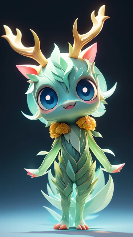 Create a picture of a little deer monster., The body is transparent and can be seen through. The image is sharp and detailed., with beautiful colors.. With arms, leg, eyes, mouth, พื้นหลังสีlegว