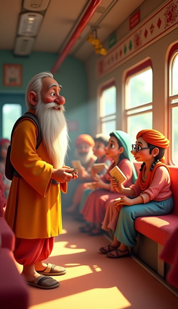 Ek Baba train mein TC se baat karta hua 3D animation cartoon style