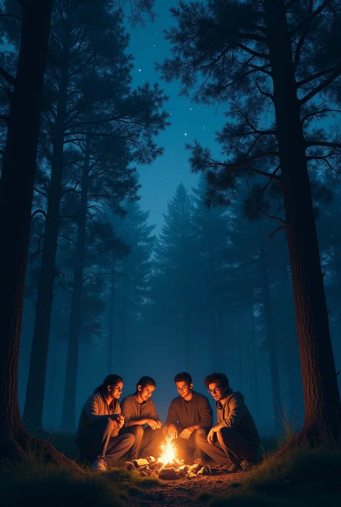 4 friends huddled and disoriented in the forest at night