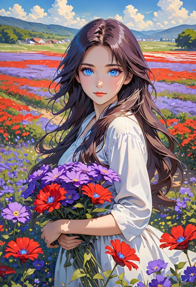 a woman with red eyes holding some flowers in a field of purple flowers, 1girl, solo, flower, blue eyes, long hair, looking at viewer
