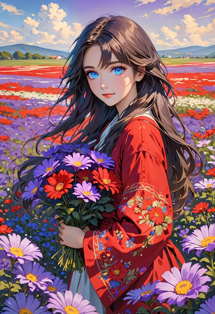 a woman with red eyes holding some flowers in a field of purple flowers, 1girl, solo, flower, blue eyes, long hair, looking at viewer