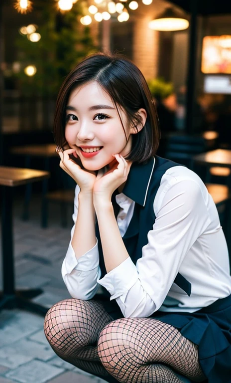 (a cute girl with short bob hair or ponytail, wearing a university student uniform, squatting in an outdoor cafe, wearing fishnet tights and loafers, with white shirt and a pleated skirt, kind smile, beautiful detailed eyes, beautiful detailed face, long eyelashes, beautiful detailed lips, dimpled cheeks, ample bosom, photo-realistic, ultra-detailed, 8k, high resolution portrait illustration, vivid colors, bokeh night background, SFW, )
