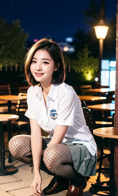 (a cute girl with short bob hair or ponytail, wearing a university student uniform, squatting in an outdoor cafe, wearing fishnet tights and loafers, with white shirt and a pleated skirt, kind smile, beautiful detailed eyes, beautiful detailed face, long eyelashes, beautiful detailed lips, dimpled cheeks, ample bosom, photo-realistic, ultra-detailed, 8k, high resolution portrait illustration, vivid colors, bokeh night background, SFW, )