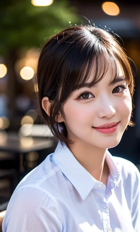 (a cute girl with short bob hair or ponytail, wearing a university student uniform, squatting in an outdoor cafe, wearing fishnet tights and loafers, with white shirt and a pleated skirt, kind smile, beautiful detailed eyes, beautiful detailed face, long eyelashes, beautiful detailed lips, dimpled cheeks, ample bosom, photo-realistic, ultra-detailed, 8k, high resolution portrait illustration, vivid colors, bokeh night background, SFW, )