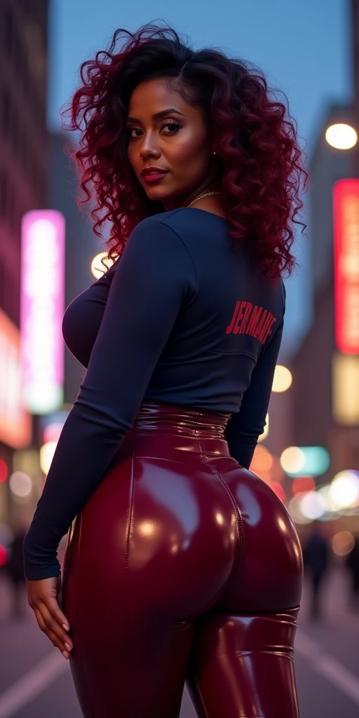 link MASSIVE BUTTOCKS:2, burgundy plastic leggings, UHD, She's a dark skin melanin Queen with tiny paper-thin waist, city, side body, navy blouse says "Jermaine", best quality, swanky burgundy hair, night 🌙 time, no nudity