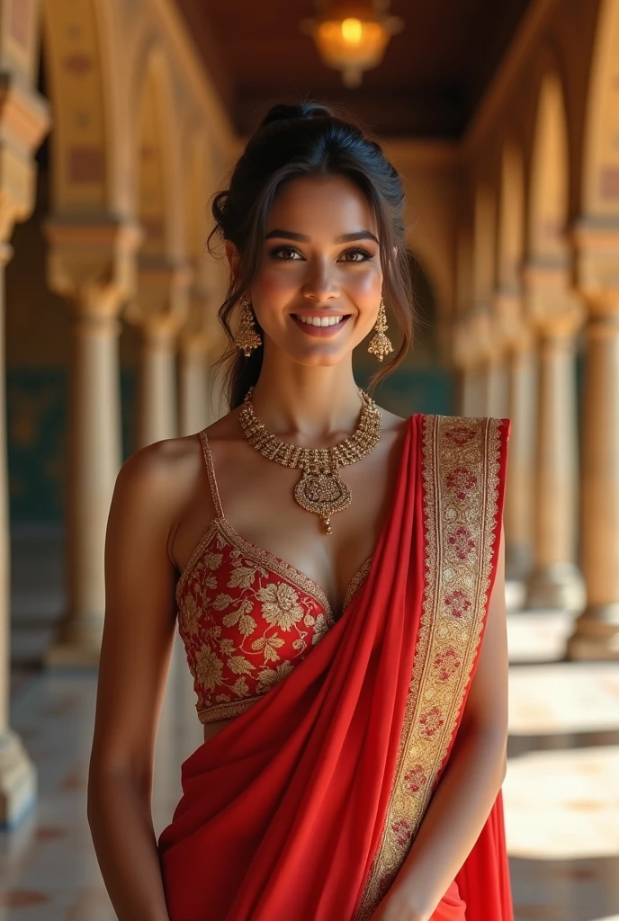 Full body length including feet, full length photograph, 32 years old female, sexy saree and blouse, close up photo of a sexy milf, posing in a palace, big cheeks, super stylish dress with wide open breasts, accessories, earrings, necklace, erotic face, ponytail, look at viewer and smile, (cinematic:1.3), intricate details, (ArtStation:1.2)