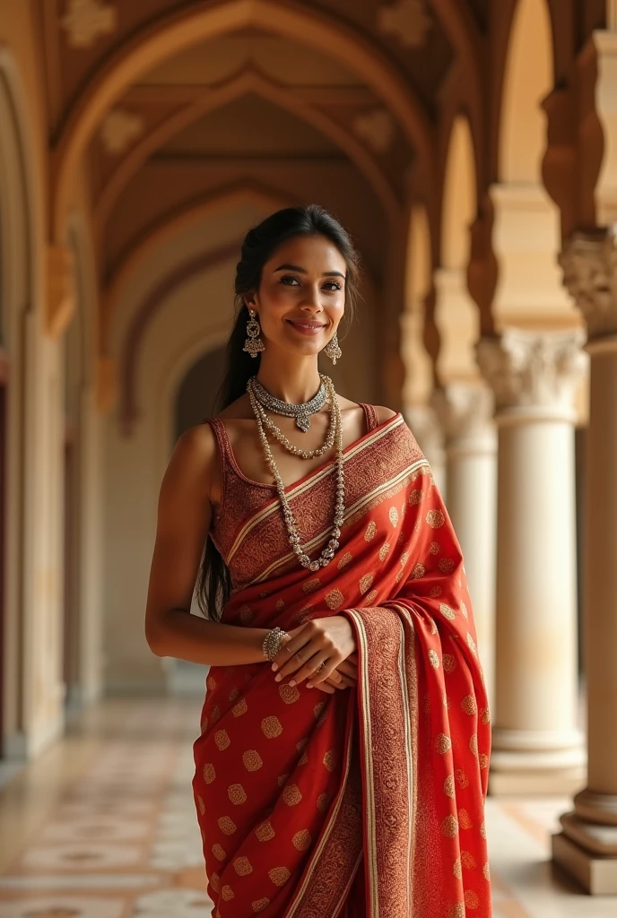 Full body length including feet, full length photograph, 32 years old female, sexy saree and blouse, close up photo of a sexy milf, posing in a palace, big cheeks, super stylish dress with wide open breasts, accessories, earrings, necklace, erotic face, ponytail, look at viewer and smile, (cinematic:1.3), intricate details, (ArtStation:1.2)