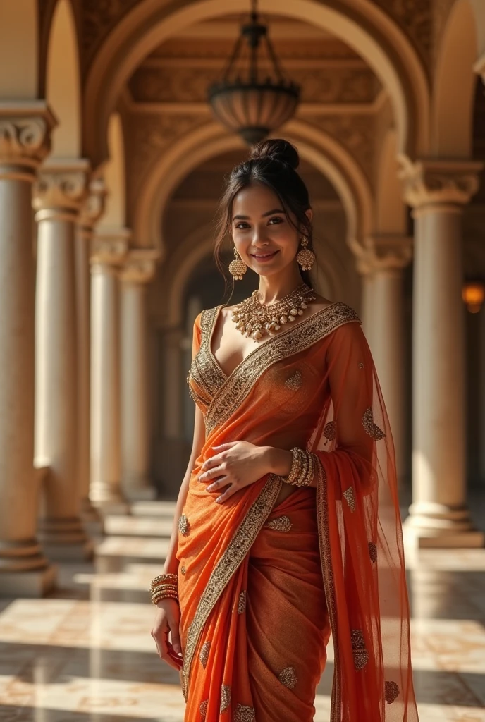 Full body length including feet, full length photograph, 32 years old female, sexy saree and blouse, close up photo of a sexy milf, posing in a palace, big cheeks, super stylish dress with wide open breasts, accessories, earrings, necklace, erotic face, ponytail, look at viewer and smile, (cinematic:1.3), intricate details, (ArtStation:1.2)