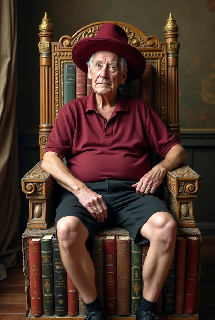 An old white royal man sitting on a throne. The man has no beard
. The throne is made from pencils and dictionaries. He is wearing maroon polo and black school shorts. The image would look like a painting from the 1600s. His crown is a maroon wide brim hat.