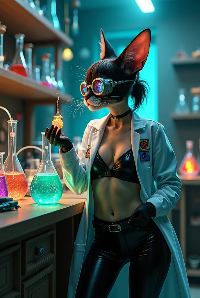 Scientist catgirl in latex leggings