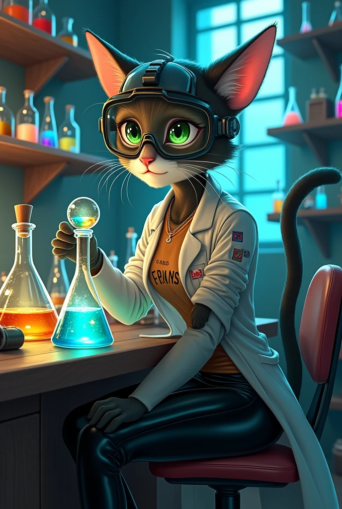 Scientist catgirl in latex leggings