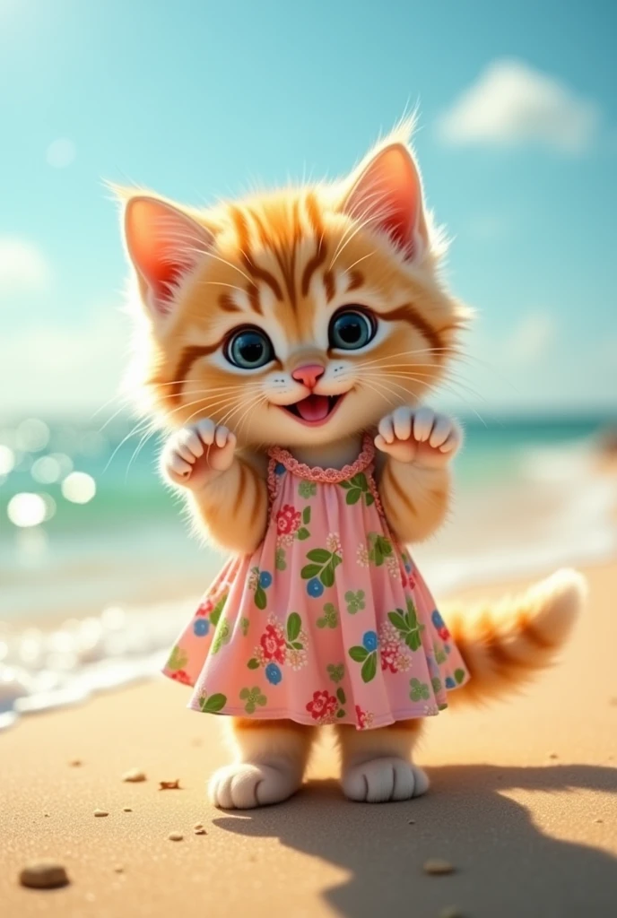 A small kitten standing facing forward with its front legs raised。Smiling。
Big eyes with a cute, human-like expression。Slightly larger head than body。limbs are short。A fluffy, large tail。
Wearing a floral dress。Glossy texture。
The background is the summer beach。
