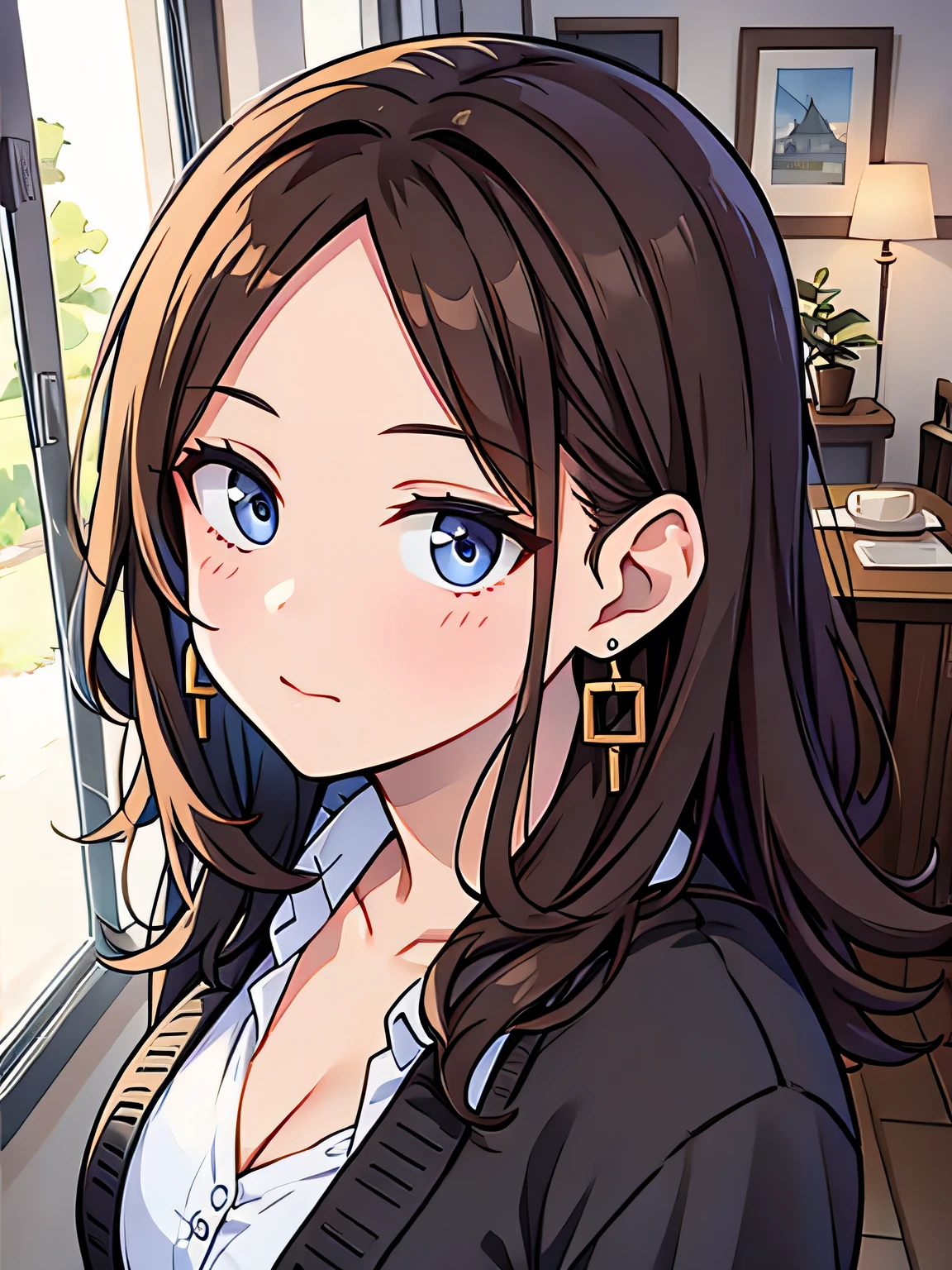 Brown Hair、Medium Hair、Earrings、Sexy face、Looking up、cardigan、G Cup、adult、Forehead