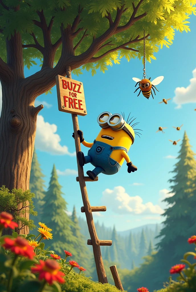 A Minion with a long stick in his hand stands on a long, tilting ladder that he is holding. He wants to cut down a branch that has a very large, hornet's nest hanging from it, with numerous hornets buzzing around it. A large sign hanging on the tree reads "BUZZ FOR FREE"
