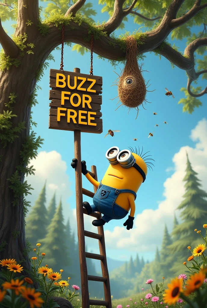 A Minion with a long stick in his hand stands on a long, tilting ladder that he is holding. He wants to cut down a branch that has a very large, hornet's nest hanging from it, with numerous hornets buzzing around it. A large sign hanging on the tree reads "BUZZ FOR FREE"