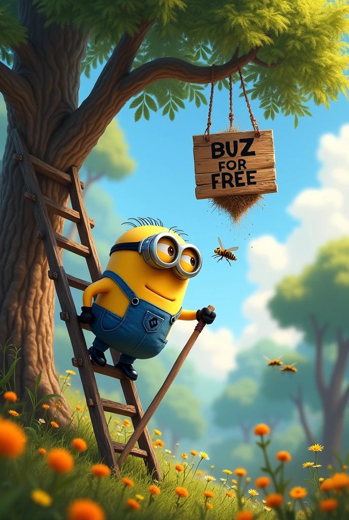 A Minion with a long stick in his hand stands on a long, tilting ladder that he is holding. He wants to cut down a branch that has a very large, hornet's nest hanging from it, with numerous hornets buzzing around it. A large sign hanging on the tree reads "BUZZ FOR FREE"