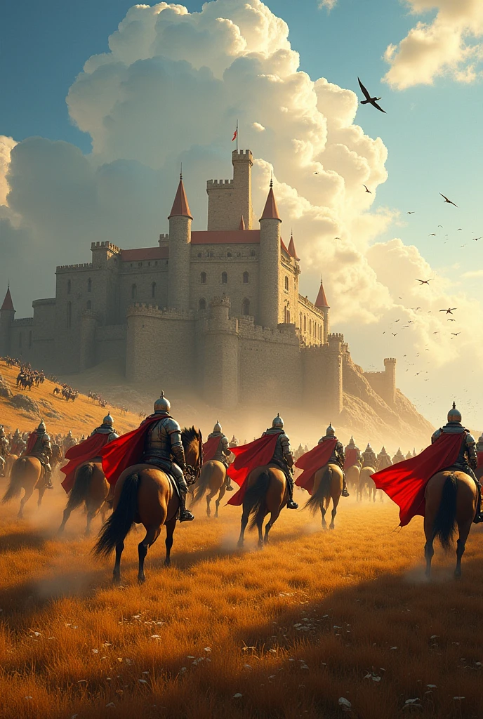 In a vast and bright field under a sunny sky, A group of Templars mounted on majestic horses gallop determinedly towards an imposing stone castle. The Knights, with shining armor and capes fluttering in the wind, They are in full attack formation, ready for battle. The Castle, with its high towers and thick walls, It is defended by warriors who are preparing for the imminent confrontation., Some wielding swords and shields while others stand on the battlements. On top of the towers, Archers draw their bows, ready to shoot. The blue sky is dotted with white clouds and birds flying high above, adding a touch of life and movement to the scene