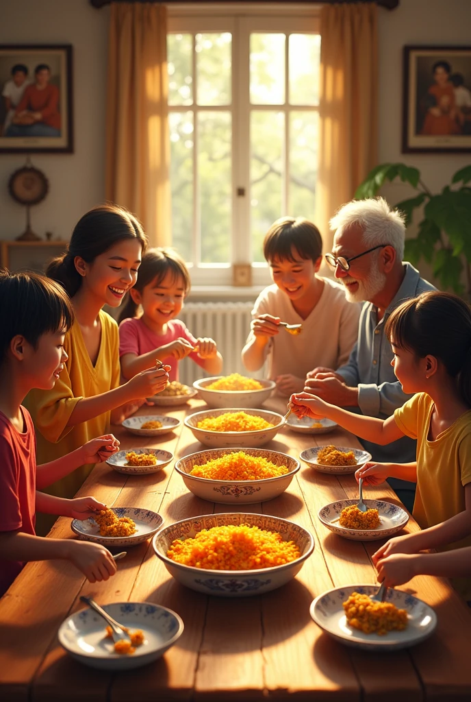 A large family eating curry rice