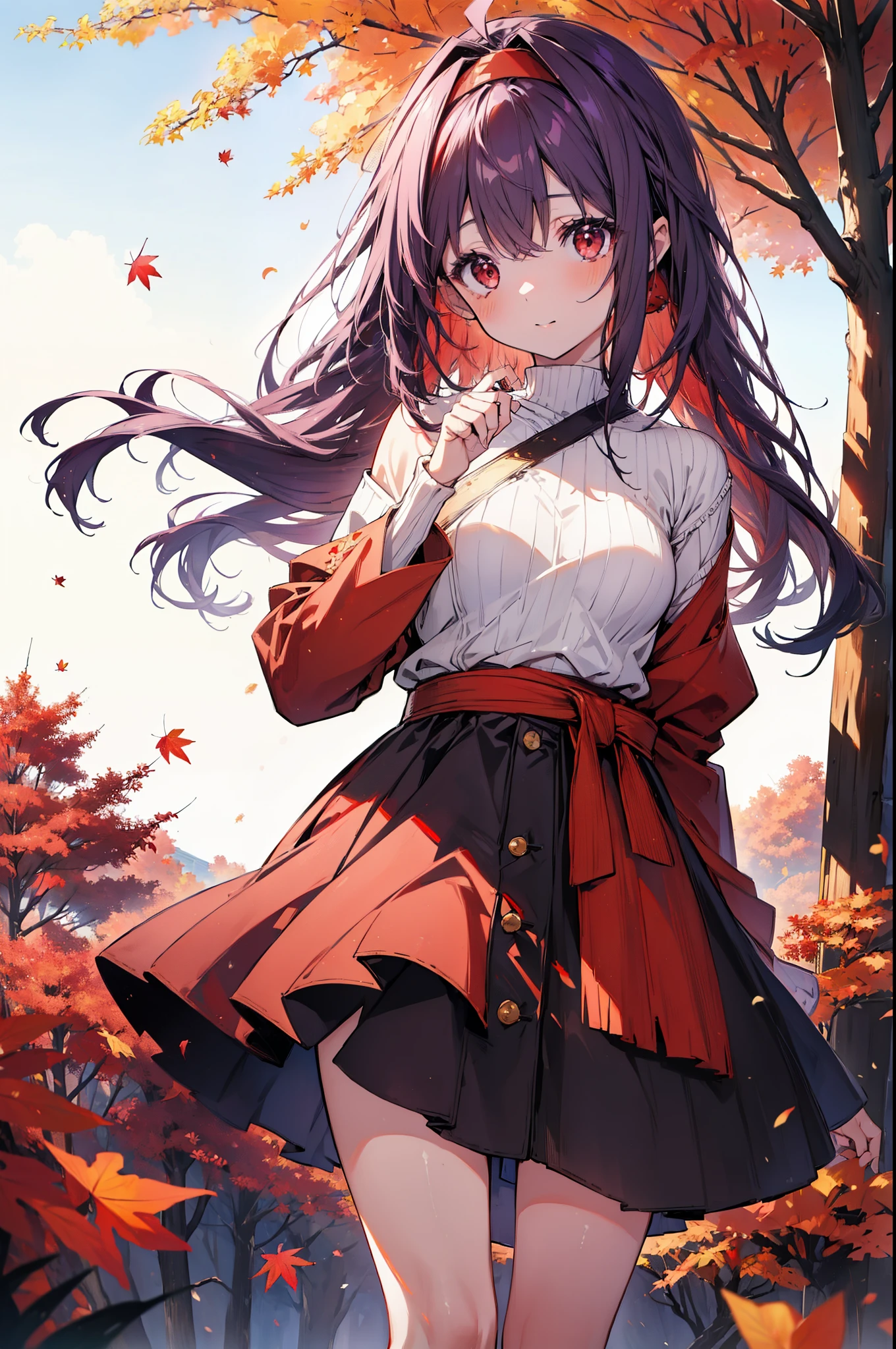 yuukikonno, Yuuki Konno, hair band, Long Hair, Pointed Ears, Purple Hair, Ahoge,(Red eyes:1.5), (Small breasts:1.2), smile,blush,Close your mouth,Purple one-shoulder sweater,mini skirt,Black tights,short boots,Walking,autumn leaves,autumn leaves,scattered,autumn leavesが積もっている,Autumn sky,whole bodyがイラストに入るように,
break looking at viewer, whole body,
break outdoors, garden,forest, nature,
break (masterpiece:1.2), Highest quality, High resolution, unity 8k wallpaper, (figure:0.8), (Beautiful attention to detail:1.6), Highly detailed face, Perfect lighting, Highly detailed CG, (Perfect hands, Perfect Anatomy),