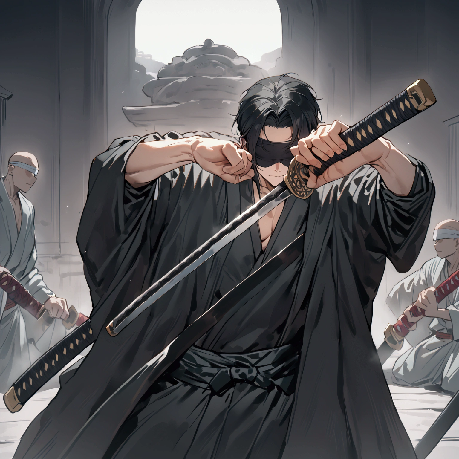 ((masterpiece)), ((best quality)), ((perfect anatomy)), (Kagurabachi pose:1.36), 1man, solo, long black hair, blindfold, black ornate robe, unsheathing katana 