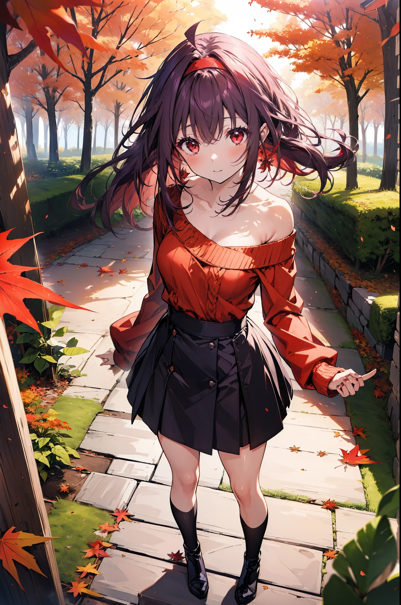 yuukikonno, Yuuki Konno, hair band, Long Hair, Pointed Ears, Purple Hair, Ahoge,(Red eyes:1.5), (Small breasts:1.2), smile,blush,Close your mouth,Purple one-shoulder sweater,mini skirt,Black tights,short boots,Walking,autumn leaves,autumn leaves,scattered,autumn leavesが積もっている,Autumn sky,whole bodyがイラストに入るように,
break looking at viewer, whole body,
break outdoors, garden,forest, nature,
break (masterpiece:1.2), Highest quality, High resolution, unity 8k wallpaper, (figure:0.8), (Beautiful attention to detail:1.6), Highly detailed face, Perfect lighting, Highly detailed CG, (Perfect hands, Perfect Anatomy),