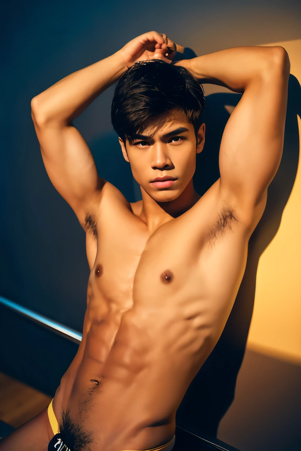 a tan skinned 18 year old filipino male with a slim, youthful body, slightly muscular physique, sensual facial features, dark expressive eyes, mischievous expression, noticeable body hair on chest, stomach, groin, arms, legs, fine hair on body, dark erect nipples, thick dark pubic hair, naturally tanned smooth skin with light sheen of sweat, best quality, 8k, masterpiece, photorealistic, ultra-detailed, physically-based rendering, vivid colors, studio lighting