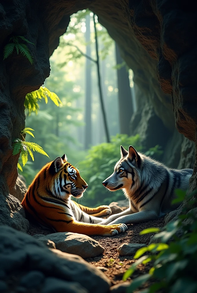 A tiger and a wolf sit together in a cave next to the forest.