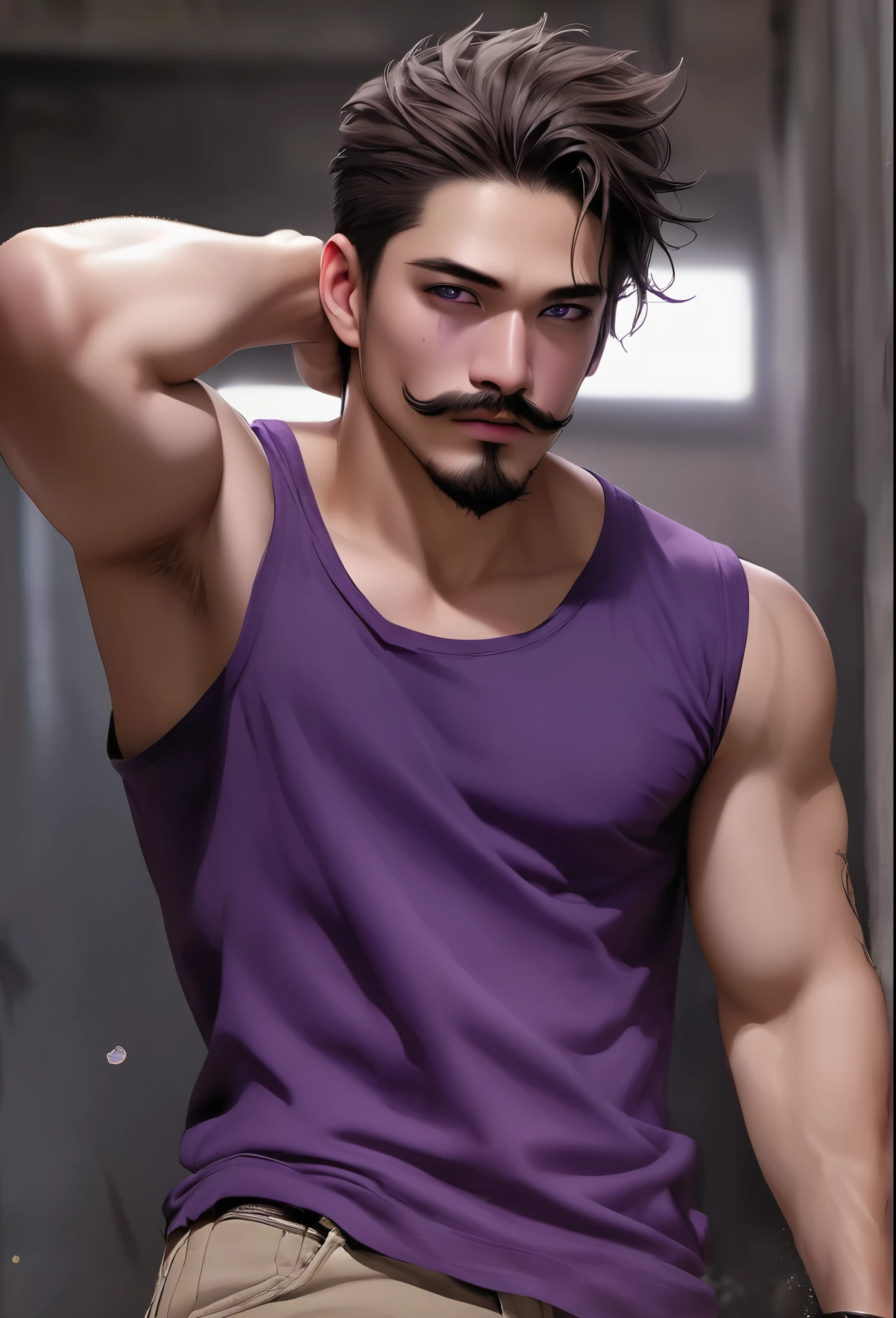 Skin color: offwhite
muka: defined jaw, muka jovem. Bright purple right eye and scars like those on his hand. The region of this eye is also grayish.
stubble with goatee and mustache, Wavy, neck-length brown hair with white streaks in the part where there are scars
cos: Scrawny, slightly defined. 1,83m high.
grayish right arm up to forearm height with cracks exuding purple aura
Indeed, kor: 20 year
Clothing from the day of the accident:
work boots, beige cargo pants, camiseta preta e máscara de pano no muka
scars on face and arm