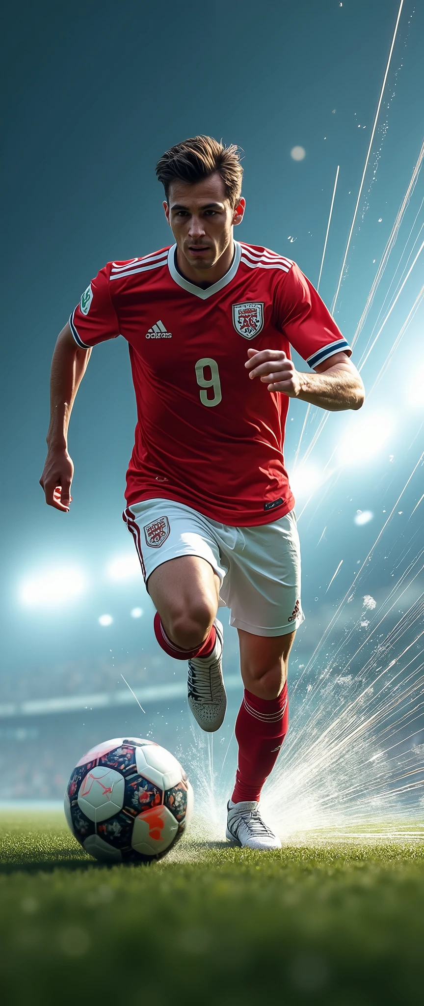 (masterpiece:1.2),(Highest quality),(Super detailed),(Ultra-high resolution),(Photorealistic),8k,wallpaper,(male:2.0),(soccer player:2.0),(front:2.0),(From below:1.3),(Runs up the left side line with a high-speed dribble:2.0),(dynamic:2.0),(Expressing a sense of speed with white lines of light:2.0)