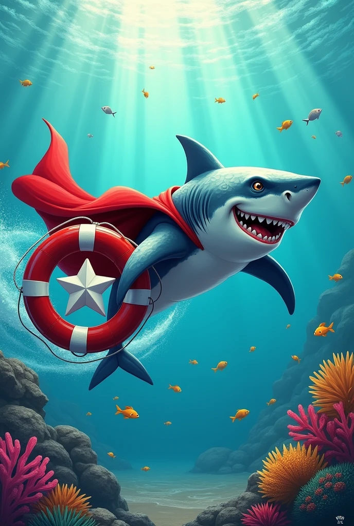 a shark with a cape, and a round life preserver in his hand