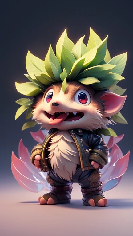 Create a picture of a little hedgehog monster., The body is transparent and can be seen through. The image is sharp and detailed., with beautiful colors.. With arms, leg, eyes, mouth, พื้นหลังสีlegว