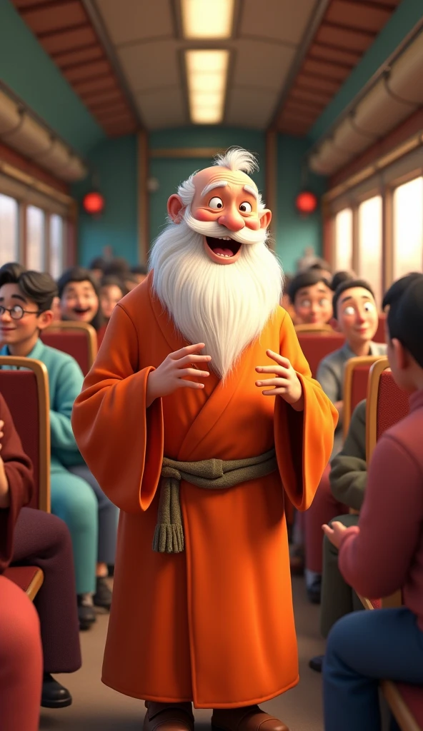 Ek sadu Baba train mein TC se baat karta hua 3D animation cartoon style