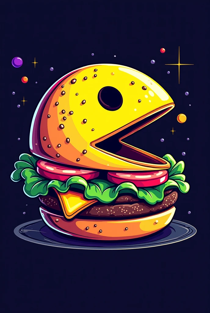 Pac man fused with a hamburger keeping his mouth open made into a vintage retro 80s pixel art style logo