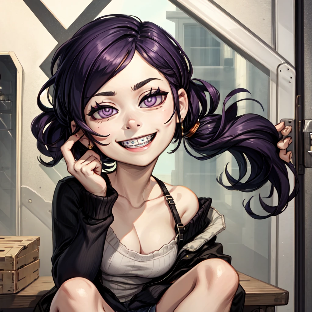 1 girl, ashley graves, smiling, braces, purple eyes, ponytail, best quality, masterpiece, highres
