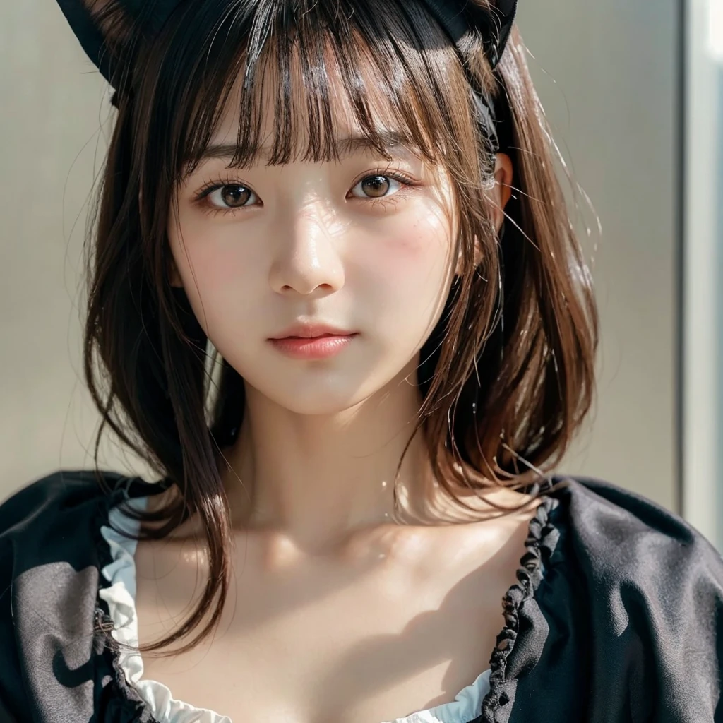 笑顔でLooking at the camera,(Highest quality,masterpiece:1.3,Ultra-high resolution),(Very detailed,Caustics,8k),(Realistic:1.4,RAW shooting),Super detailed, Ultra-high resolution,Ultra high definition 8K,Highest quality,Very detailedな,masterpiece,Realistic,Rich details,Photographic realism,18-year-old,日本語 cute日本の少女,Looking at the camera, Good figure,Rembrandt Lighting, (photoRealistic:1.2), (Highest quality), (Detailed skin:1.3), (Intricate details), Ray Tracing,One person, In detail,real，Scattered beneath the surface,(blush:0.5), Detailed skin texture, Black Hair, Long Hair,Cat ears headband， (Wavy Hair:1.2), (Blunt bangs:1.2), Detailed lips，Beautiful Lips, Detailed face、cute, Black maid outfit,Collarbone Bare Skin,(Face Focus:1.1),(Face close-up:1.1),Front of face，Sunset
