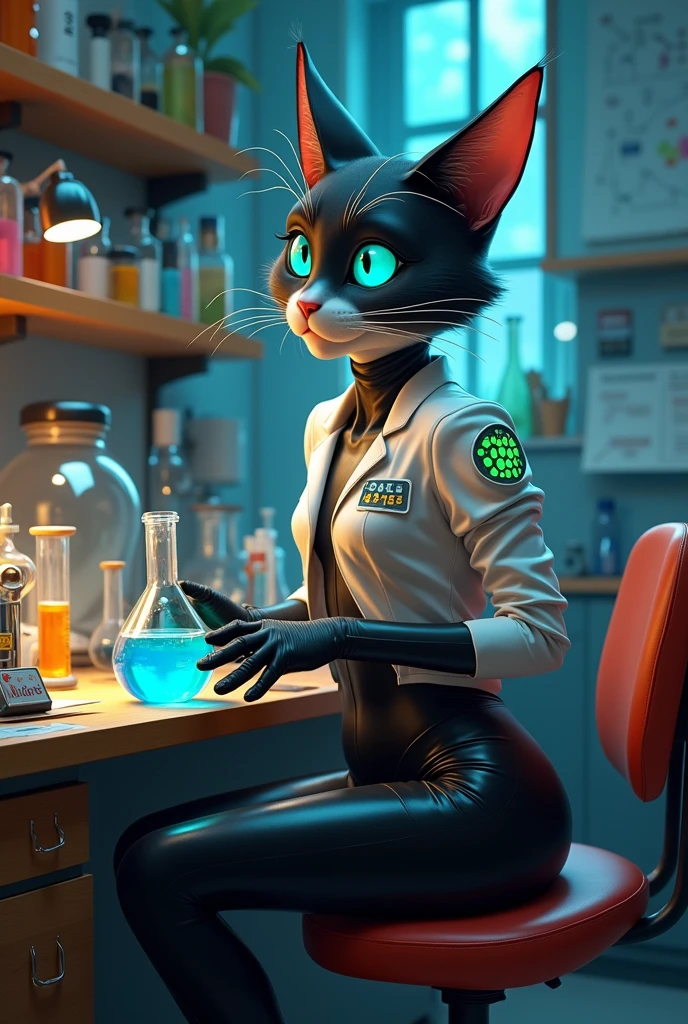 Scientist catgirl in latex leggings