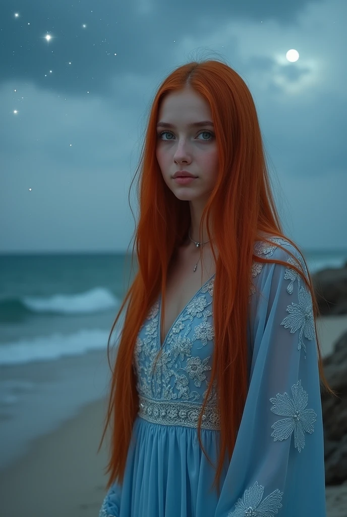 Portrait of a 17 year old Russian girl with long, straight red hair and wearing a long light blue Muslim suit,flower motif,was walking by the beach in the atmosphere of MLM and in the moonlight stars and smoky clouds with his face facing the camera