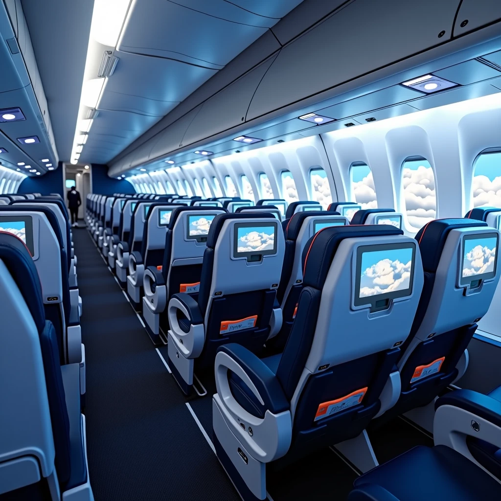 In the cockpit of the aircraft,You can see a lot of airplane seats,The seats have screens on the headrests,Real Effects,No passengers,Can see out the window and back of the seat,Camera rotates 45 degrees VR effect