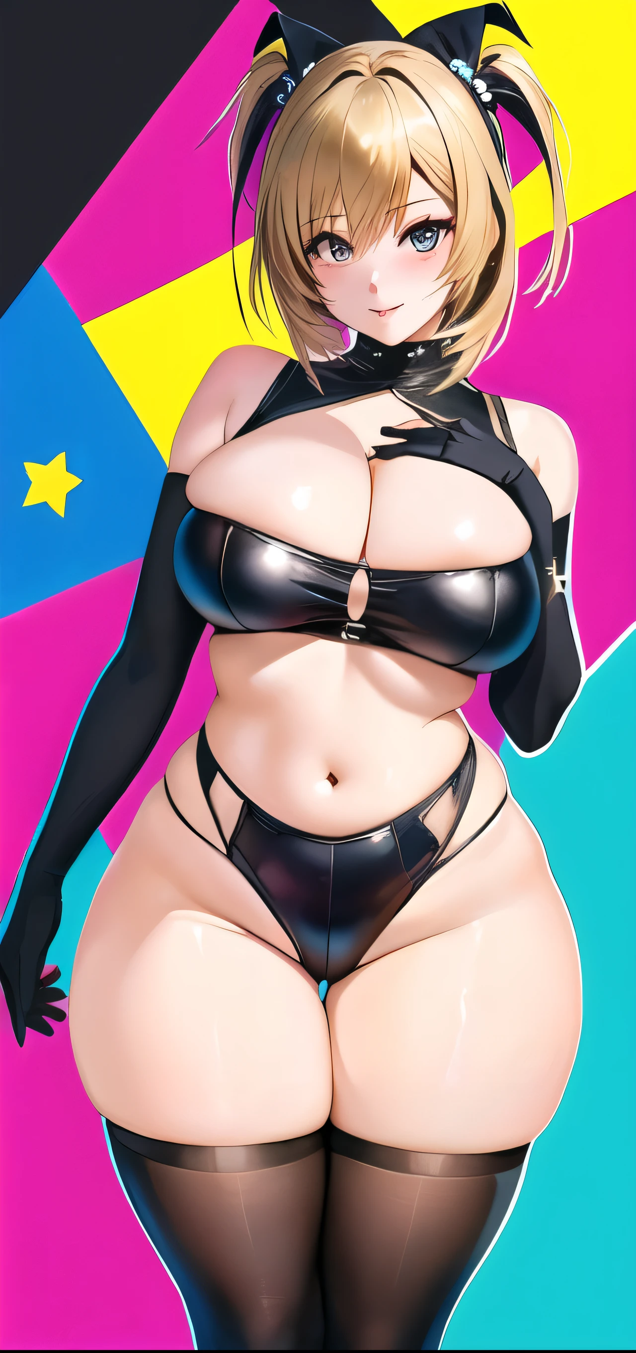 a cartoon picture of a woman in a black outfit and a star, thicc, cutesexyrobutts, oppai cyberpunk, ( ( misa amane # ) ), oc commission, monokini, android 18, misa amane *, commission for high res, lola bunny fanart, ecchi anime style, oppai, anya from spy x family, ((green eyes)), (((character front, side and back view)))