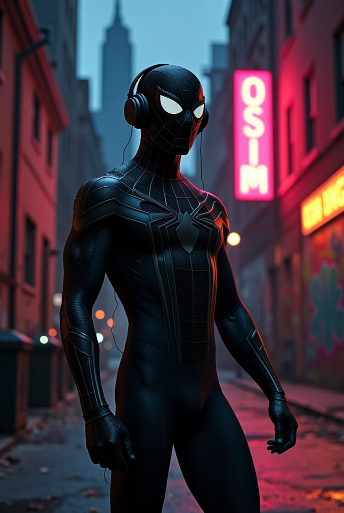 Spiderman black, in costume, listens to music with headphones 