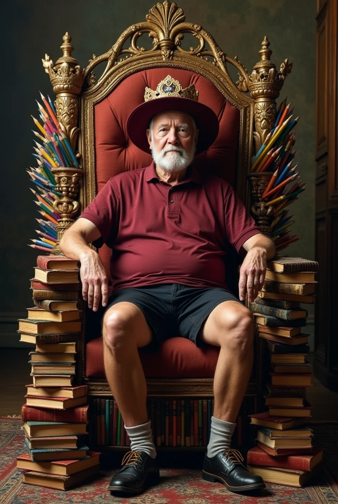 An old white royal man sitting on a throne. The man has no beard
. The throne is  made from pencils and dictionaries. He is wearing maroon polo and black school shorts. The image would look like a painting from the 1600s. His crown is a maroon wide brim hat.